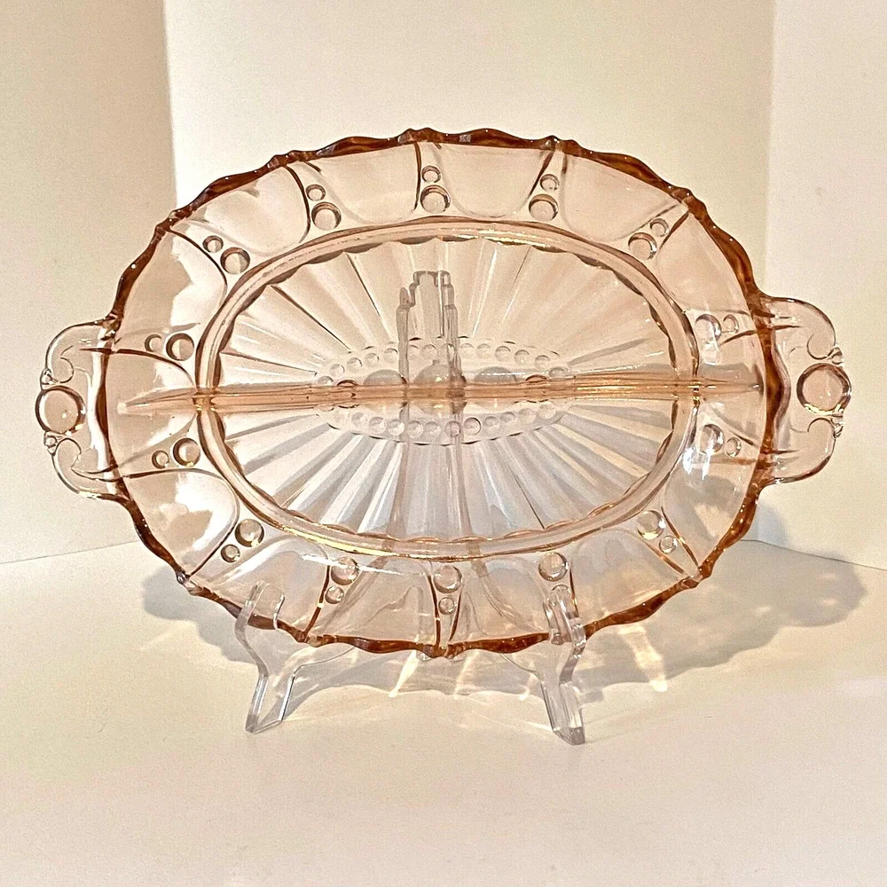 Anchor Hocking Pink Depression Glass Relish Serving Dish Oyster & Pearl Divided